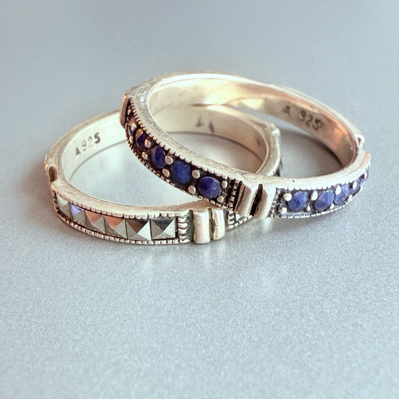 Jewelry - Marcasite & Lapis Reverse Set Gemstone Sterling Silver Two Stacking Band Rings